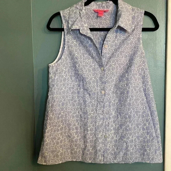 Lily Pulitzer new eyelet tank collar button up blue/white shirt size 8 - Picture 1 of 7
